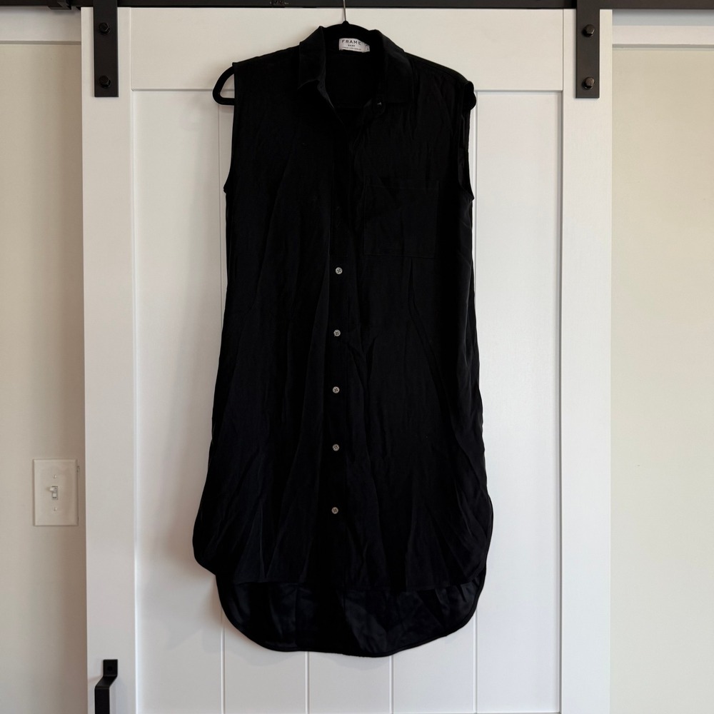FRAME 100% Silk Black Sleeveless Button Down‎ Shirt Dress Size Small